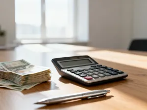 Kalkulator, gotówka i pióro na biurku, symbolizujące obliczanie wynagrodzenia i zarządzanie finansami osobistymi.