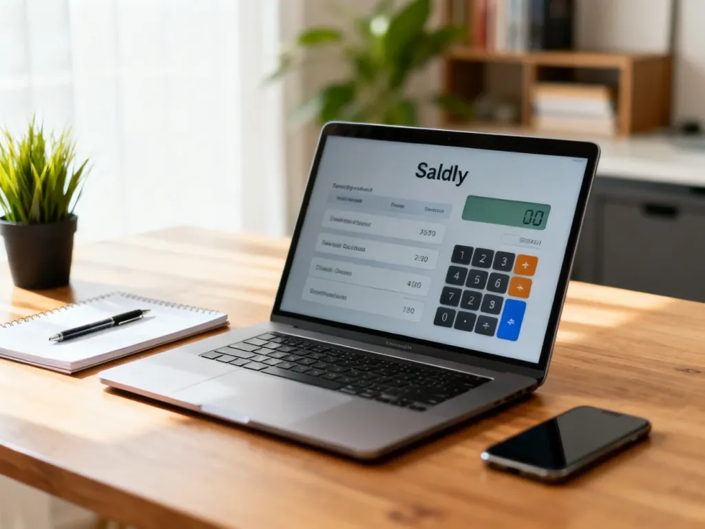 Laptop z prostym kalkulatorem wynagrodzeń na drewnianym biurku w jasnym domowym biurze, obok notatnik i smartfon.