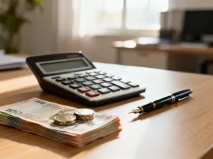 Kalkulator, monety i pióro na drewnianym biurku, symbolizujące obliczenia finansowe i planowanie budżetu.