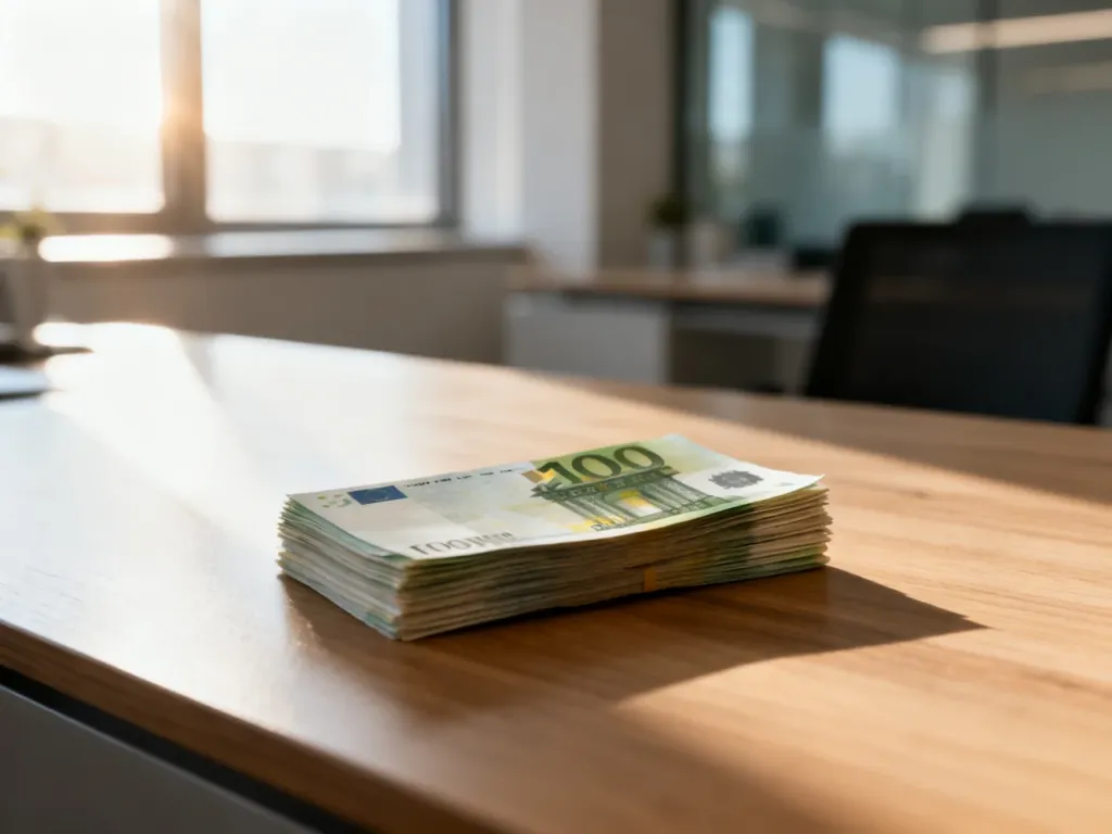 Stos banknotów na drewnianym biurku w nowoczesnym biurze, symbolizujący kwestie finansowe i wynagrodzenie.