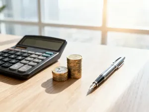 Minimalistyczne biurko z kalkulatorem i monetami, symbolizujące planowanie finansów i obliczanie wynagrodzenia.