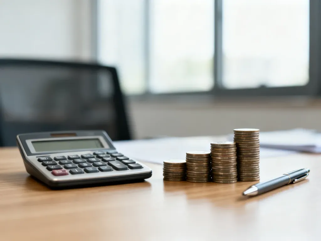 Minimalistyczne biurko z kalkulatorem i monetami, symbolizujące planowanie finansów i obliczanie wynagrodzenia.
